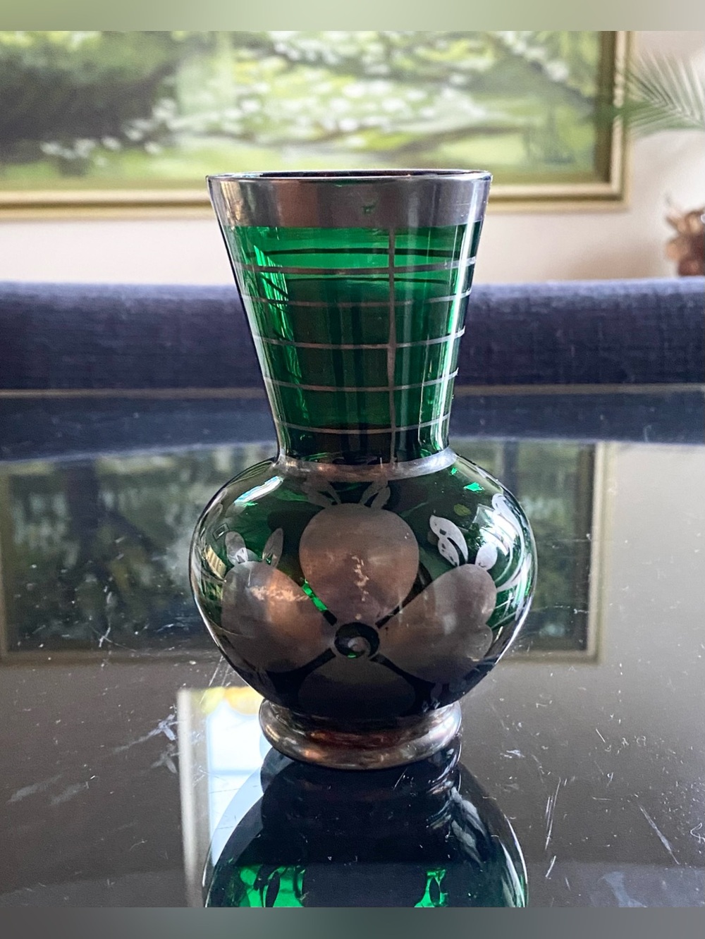 Vintage Italian Emerald Green Glass Vase with Sterling Silver Floral Overlay 5”